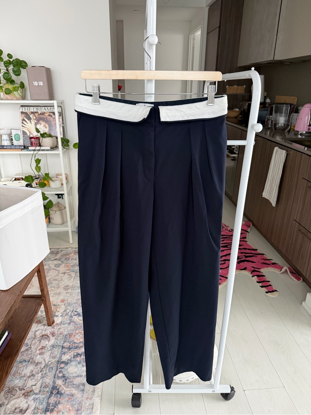 Babaton Navy Wide-Leg Trousers with White Waistband